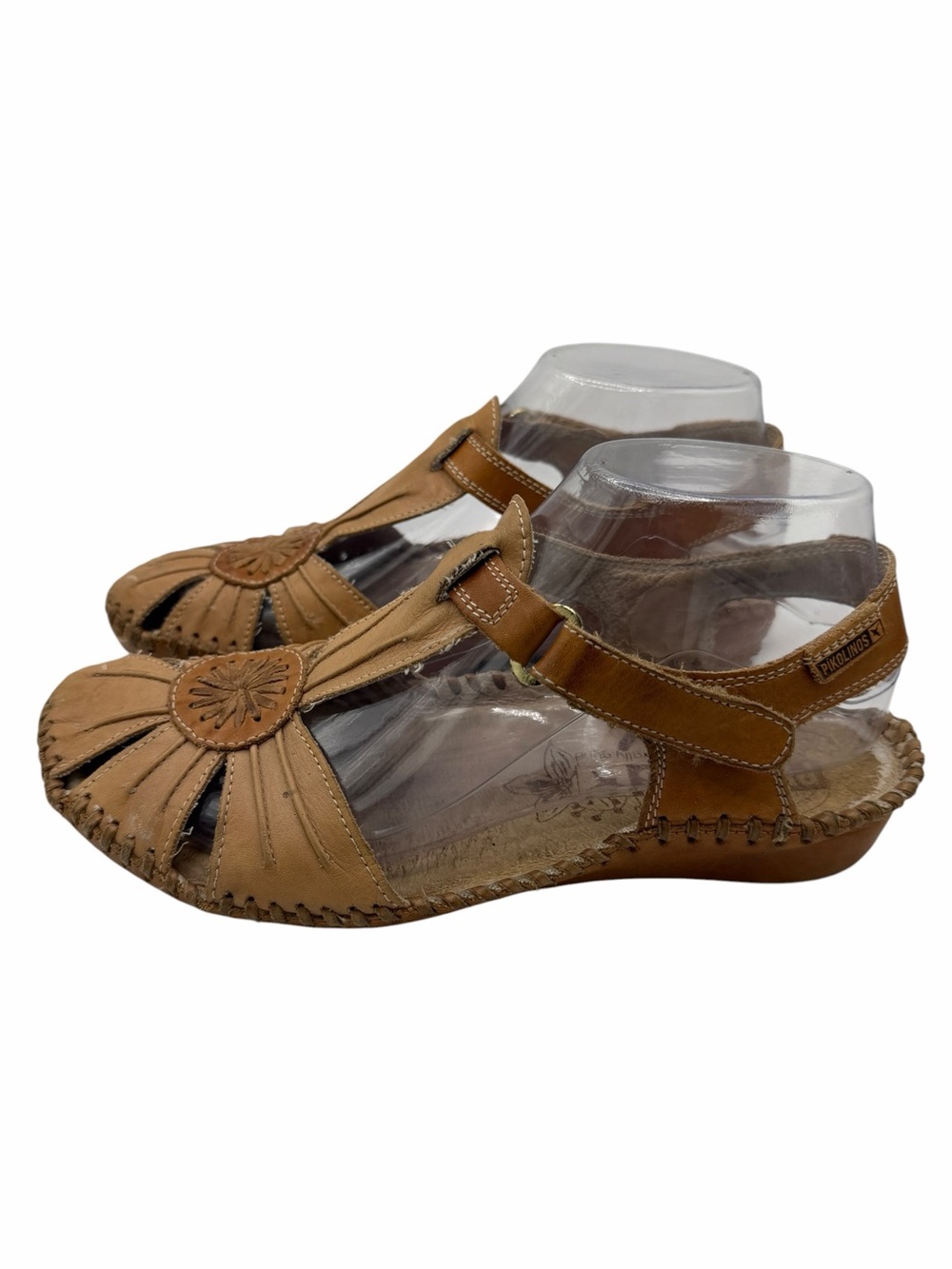 PIKOLINOS Tan Leather T-Strap Closed-Toe Sandals - Size 37